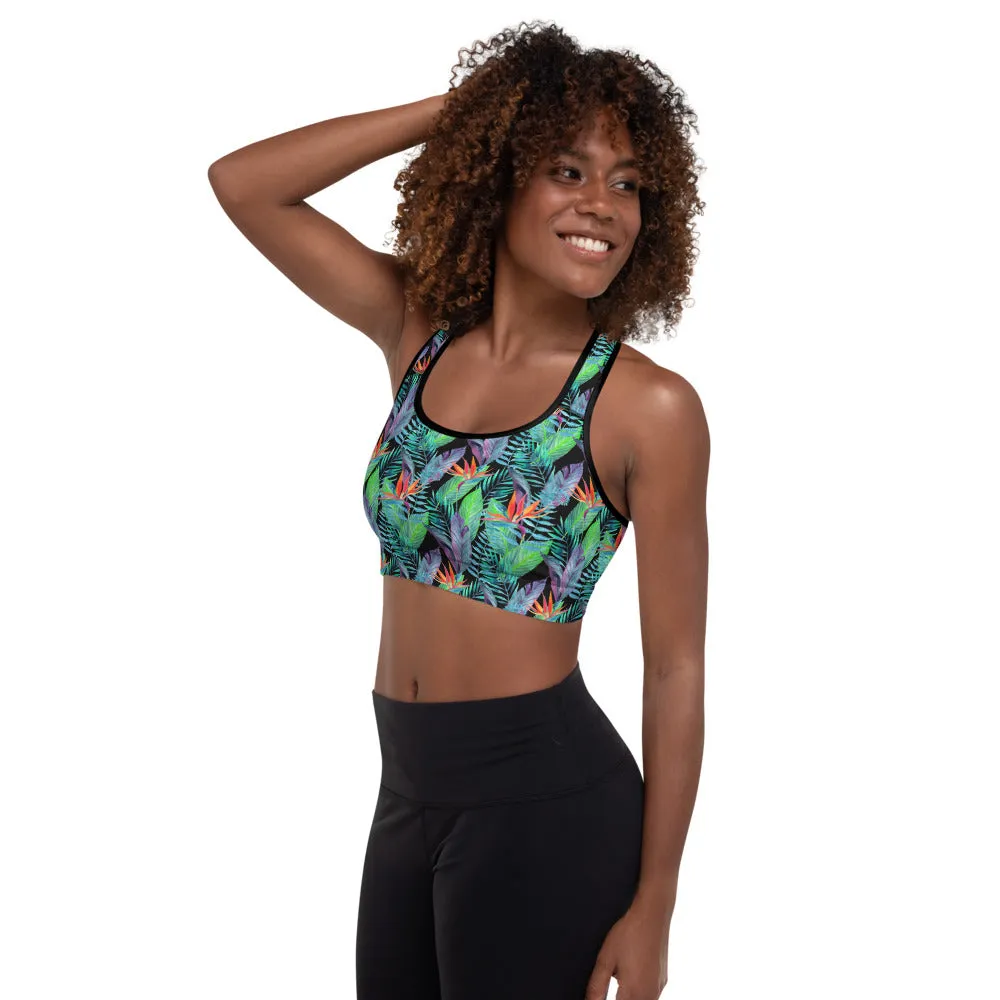 Bird of Paradise Hawaiian Floral and Tropical Fern Padded Sports Bra