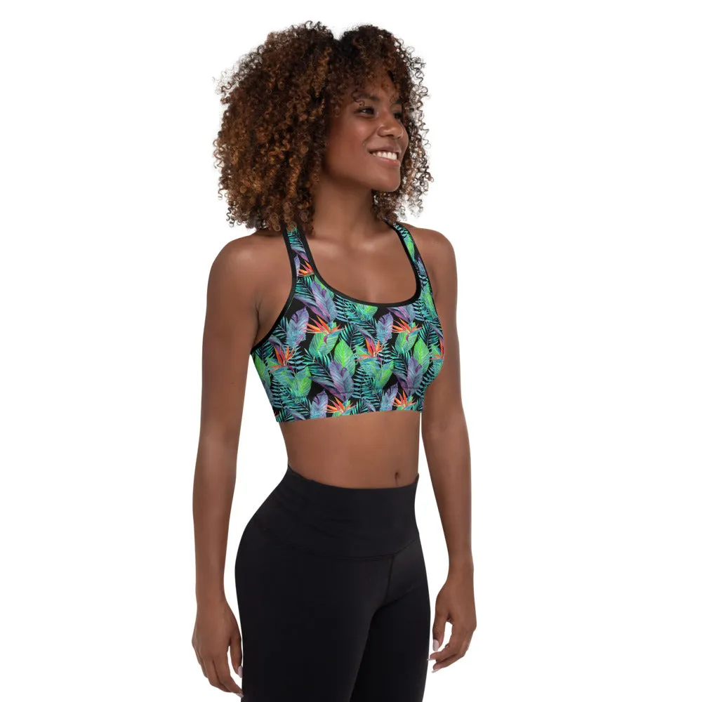 Bird of Paradise Hawaiian Floral and Tropical Fern Padded Sports Bra