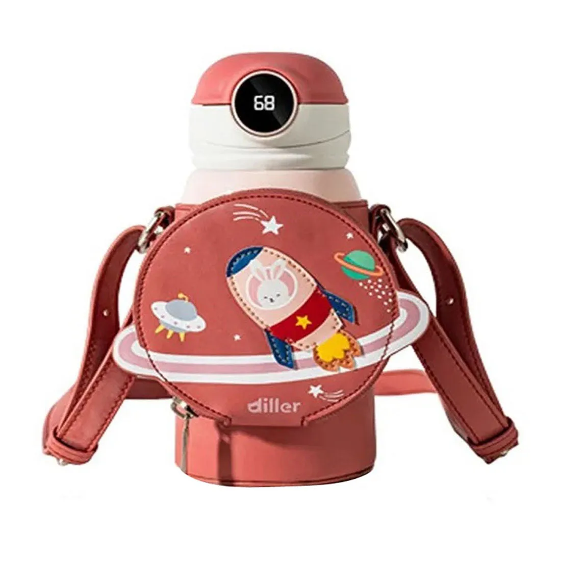 Little Surprise Box Bunny Spaceship Theme Print Temperature Control Insulated Vacuum Flask Kids Stainless Steel Water Bottle / Tumbler With Zipper Matching Cover And Thick Strap, Dark Peach