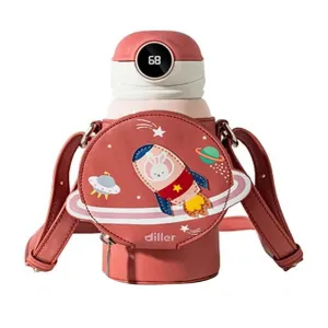 Little Surprise Box Bunny Spaceship Theme Print Temperature Control Insulated Vacuum Flask Kids Stainless Steel Water Bottle / Tumbler With Zipper Matching Cover And Thick Strap, Dark Peach