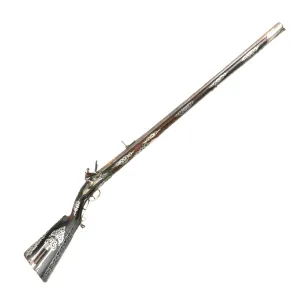 Original Late 18th Century Ottoman Empire Ornate Germanic Silver Decorated Flintlock Rifle with Turkish Gilt Inlaid Heavy Octagonal Barrel
